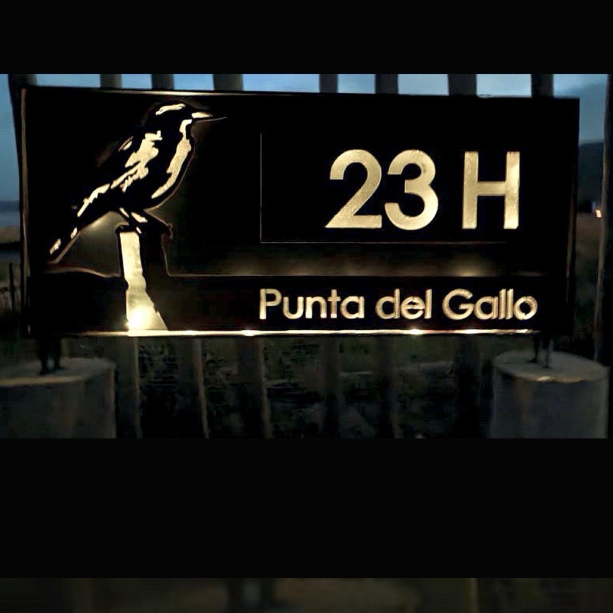 Foto de cliente, testimonio compra, efecto retro iluminado. Estructura de metal tipo tótem, fabricado por capas, soldadura calidad, número de casa, diseño personalizado, acero oxidado, letrero domicilio, números de acero, plasma CNC fabricado en Chile, numeración horizontal, diseño chileno, loica chilena, Punta del Gallo, Tunquén, Chile, región de Valparaíso, anclaje incluido, envío a domicilio. Acero natural, diseño único y original de IronPig. Letrero retroiluminado