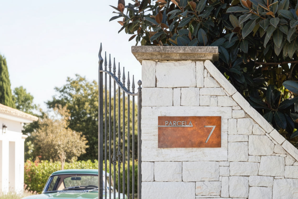 Placa de acero con número troquelado, letrero identificador de casa en parcela. Diseño personalizado, modelo de número calado y nombre en sobre relieve. Estética minimalista, elegante, simple, máxima calidad y excelente resistencia al exterior.
