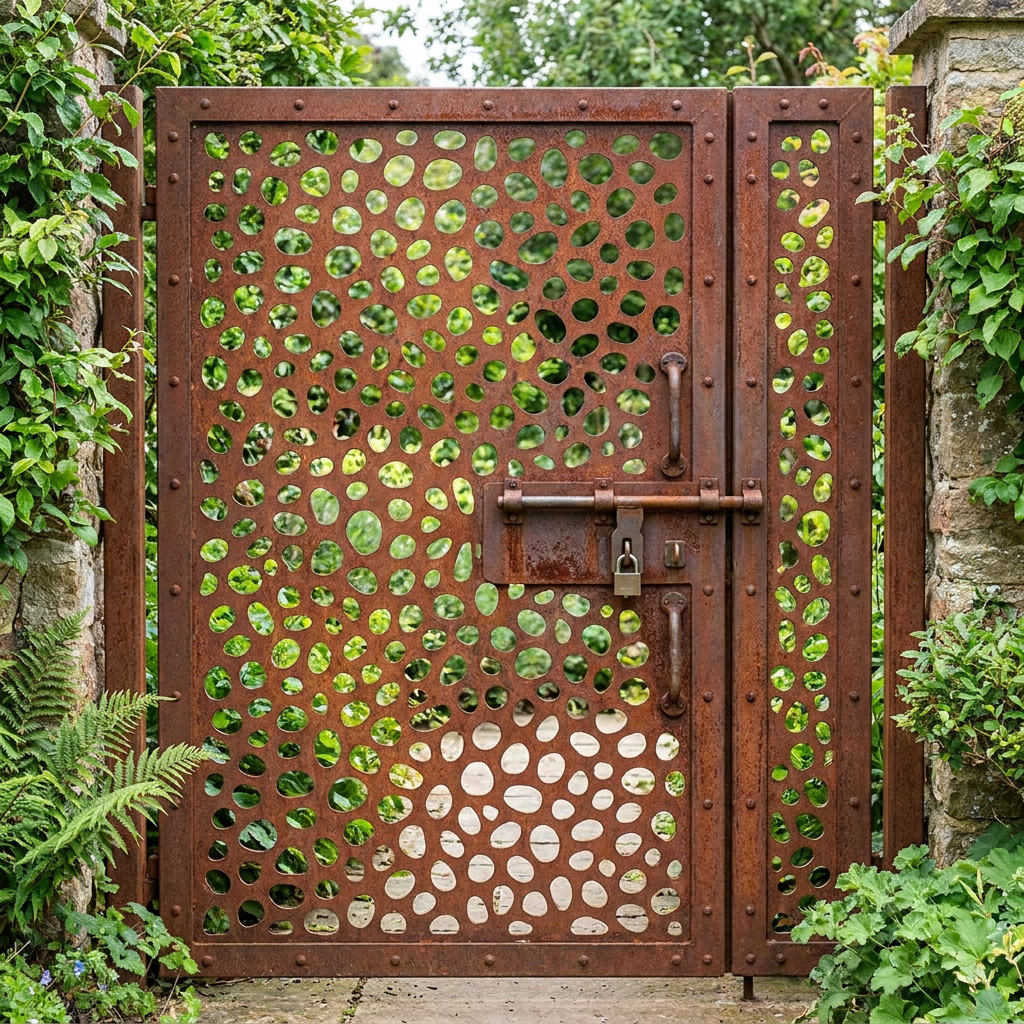 Puerta de Jardín con diseño personalizado patrón orgánico acabado oxidado foto de cliente