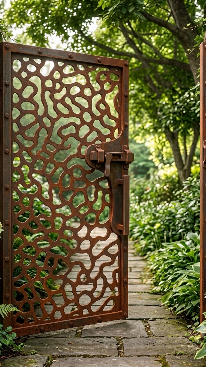 Puerta de exterior personalizada con diseño orgánico de patrón natural acabado oxidado hecha en chile corte cnc láser acero resistente a la intemperie