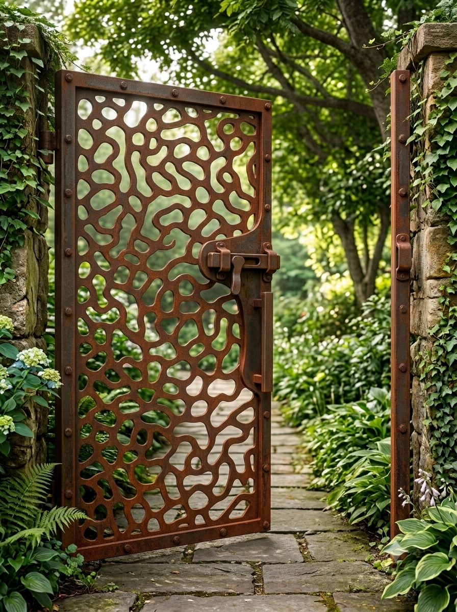 Puerta de exterior personalizada con diseño orgánico de patrón natural acabado oxidado hecha en chile corte cnc láser acero resistente a la intemperie