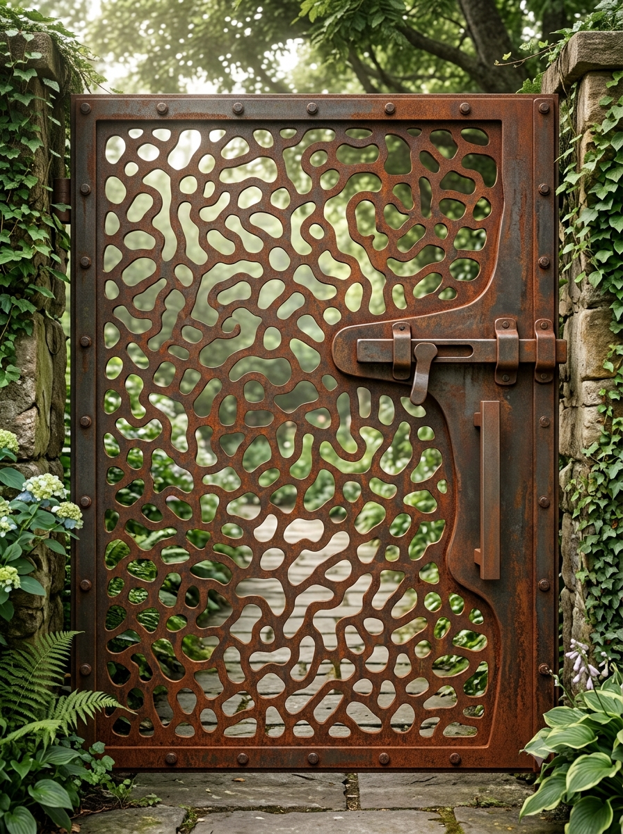 Puerta personalizada con diseño orgánico de patrón natural acabado oxidado hecha en chile corte cnc láser acero resistente a la intemperie
