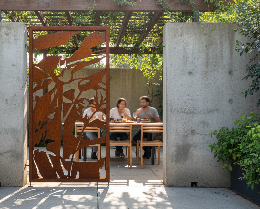 Separador de ambientes en acero corten oxidado con diseño de peonía cortado laser plasma CNC, marco estructural, instalado en terraza exterior, hecho en chile IronPig