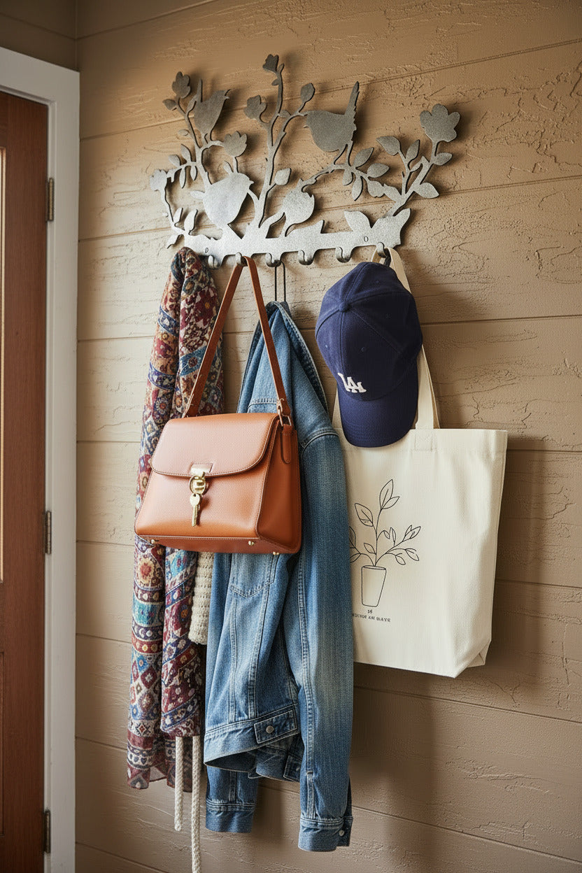 perchero para decoracion interior, hecho a mano en metal, diseño original de pajaritos sobre ramas