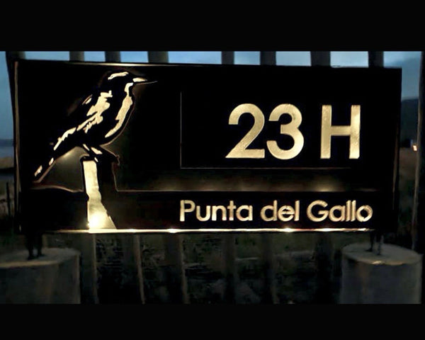 Foto de cliente, testimonio compra, efecto retro iluminado. Estructura de metal tipo tótem, fabricado por capas, soldadura calidad, número de casa, diseño personalizado, acero oxidado, letrero domicilio, números de acero, plasma CNC fabricado en Chile, numeración horizontal, diseño chileno, loica chilena, Punta del Gallo, Tunquén, Chile, región de Valparaíso, anclaje incluido, envío a domicilio. Acero natural, diseño único y original de IronPig. Letrero retroiluminado