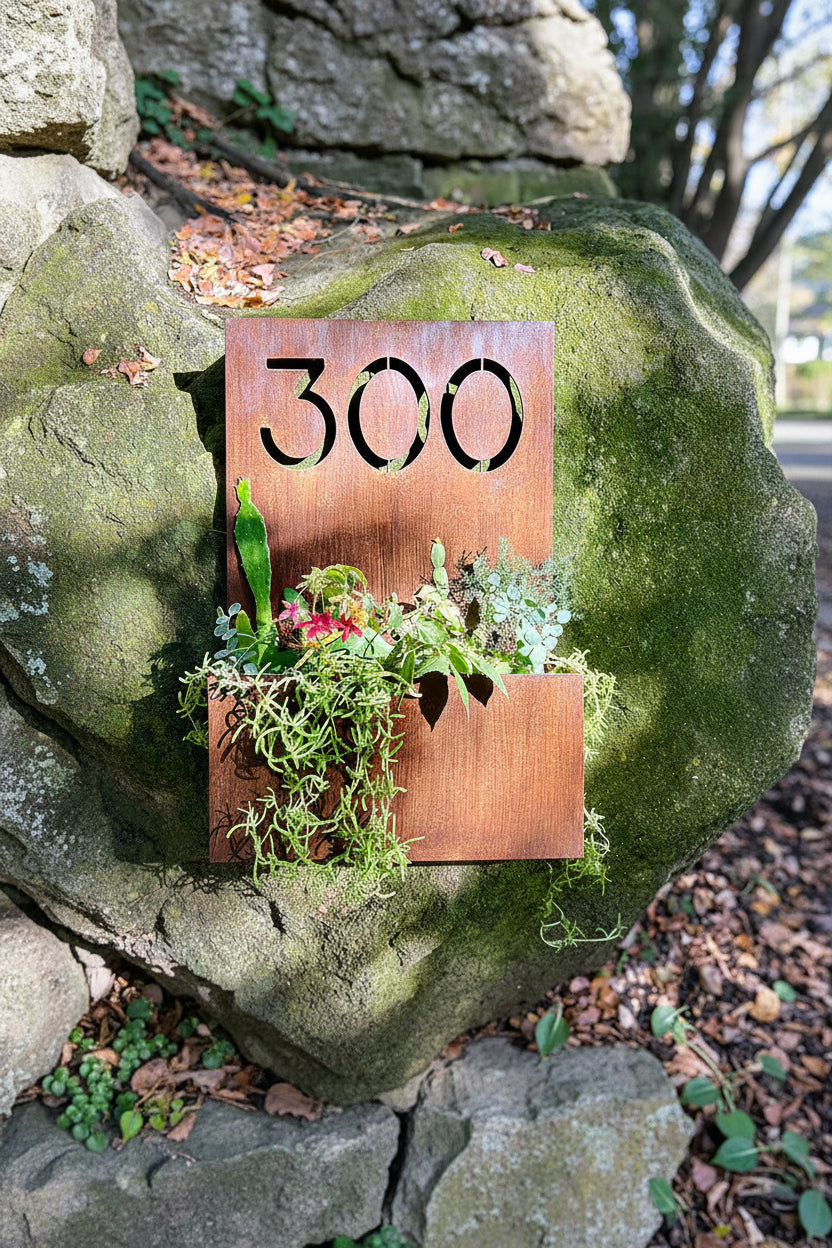 Número Casa Macetero Acero - Placa Metal Plantas Decorativa Funcional