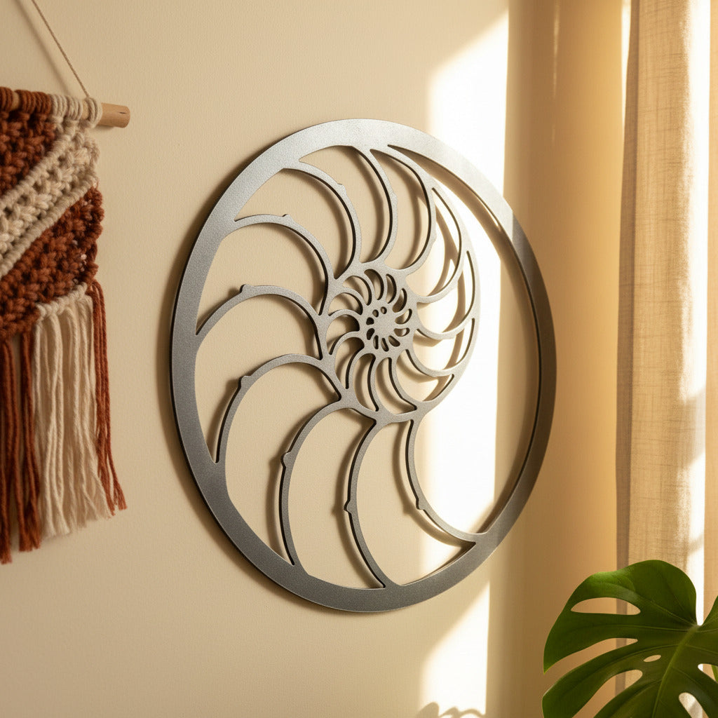 Colgante de caracola nautilus en metal con espiral de geometría sagrada